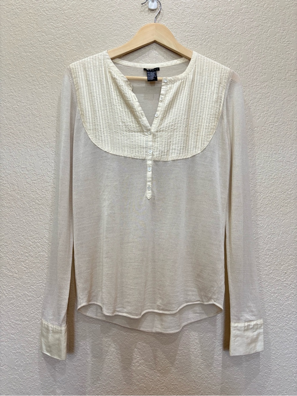 Theory Mixed Media Pleated Tuxedo Bib Henley Knit Top Ivory Minimalist Coquette